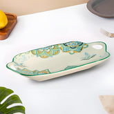 Lemon Tree Blue Ceramic Matte Finish Rectangular Platter with Dual Handle – Stylish Serveware for Snacks & Desserts